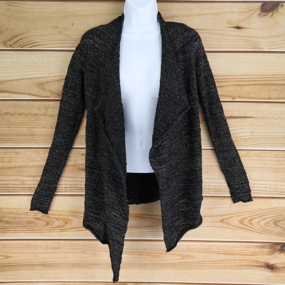 Express Cardigan Sweater Womens S Black Gold Sparkles Open Front Stretch Comfort